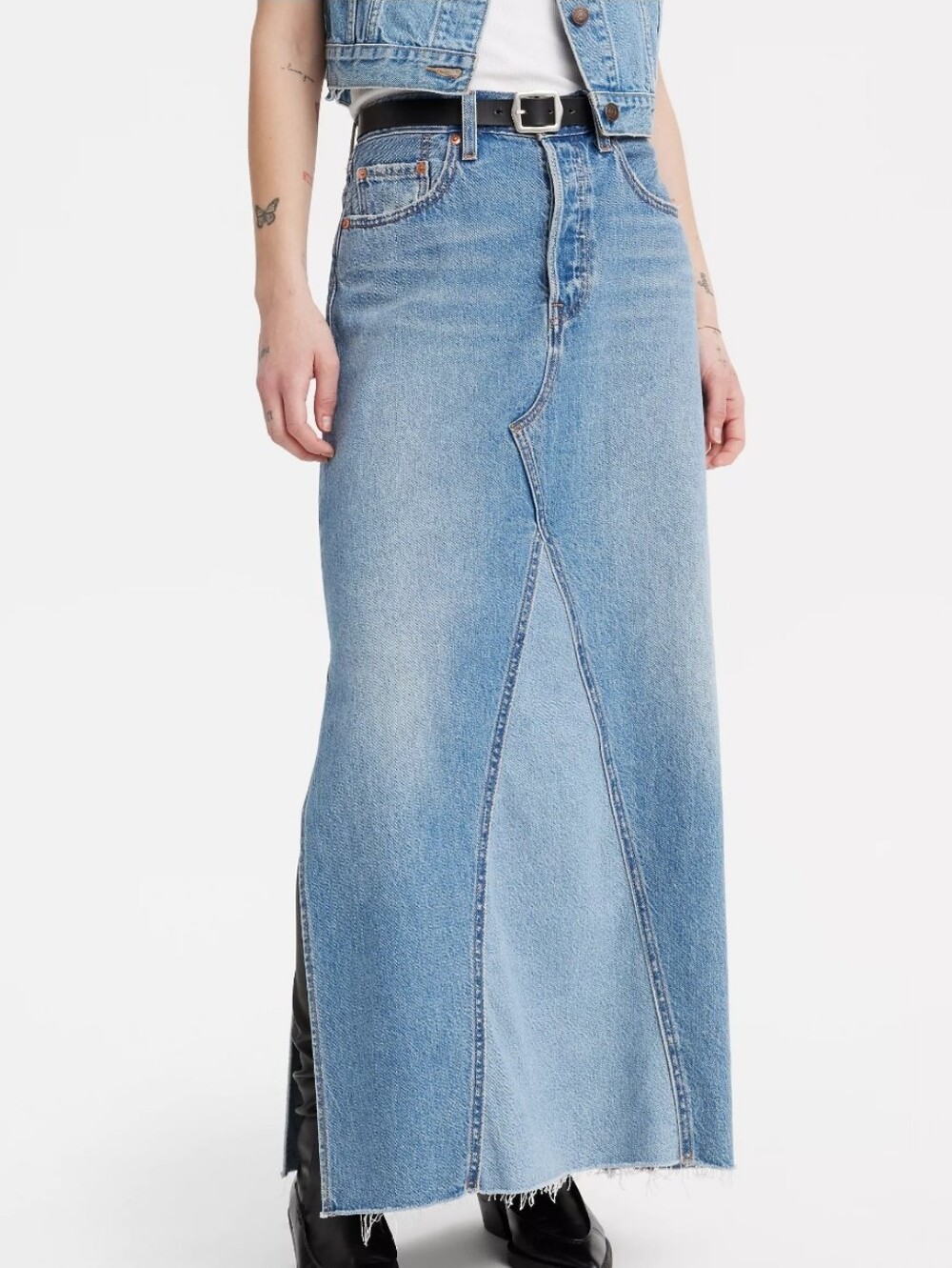 NWT Levi's Long Icon Denim Maxi Skirt Two-Tone Side Slit Size 26